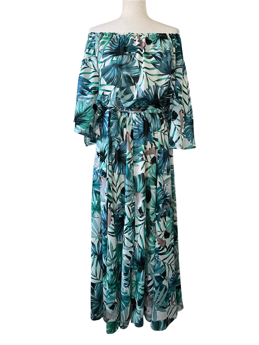 Une Ame green and white tropical palm print off-the-shoulder maxi dress